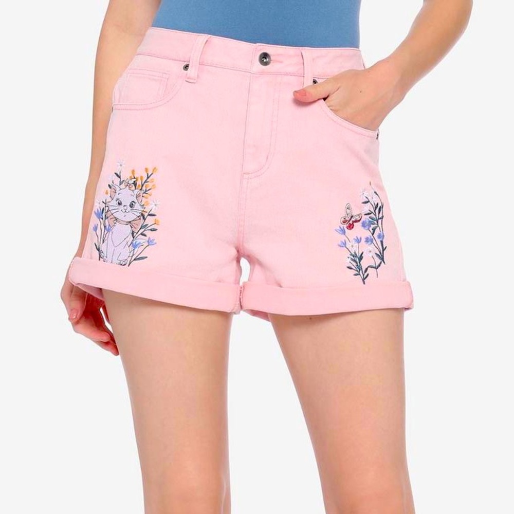 Hot Topic Pink Jean Shorts with Floral Cat Design